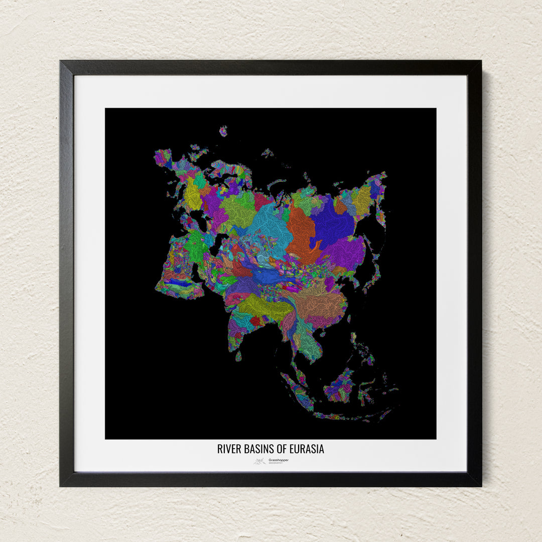 A colorful Grasshopper Geography river map on a light wall. The premium fine art poster is in a black frame with a white border. The name of the country, continent or region is printed under the image.