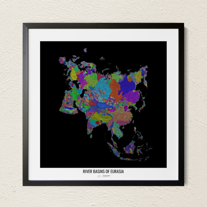 A colorful Grasshopper Geography river map on a light wall. The premium fine art poster is in a black frame with a white border. The name of the country, continent or region is printed under the image.