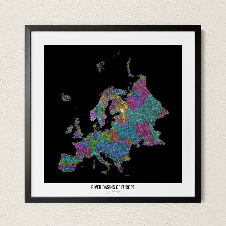 A colorful Grasshopper Geography river map on a light wall. The premium fine art poster is in a black frame with a white border. The name of the country, continent or region is printed under the image.