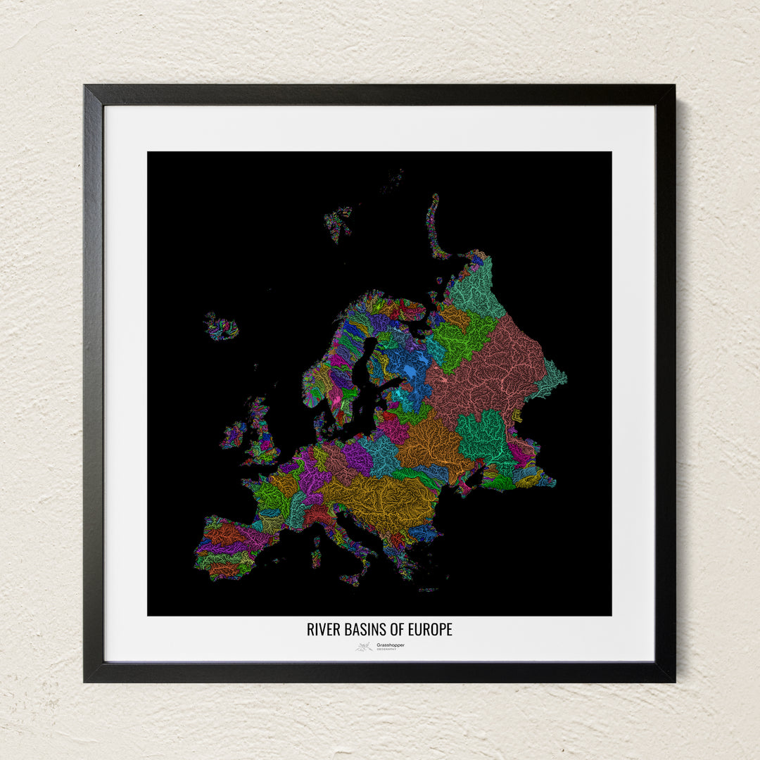 A colorful Grasshopper Geography river map on a light wall. The premium fine art poster is in a black frame with a white border. The name of the country, continent or region is printed under the image.