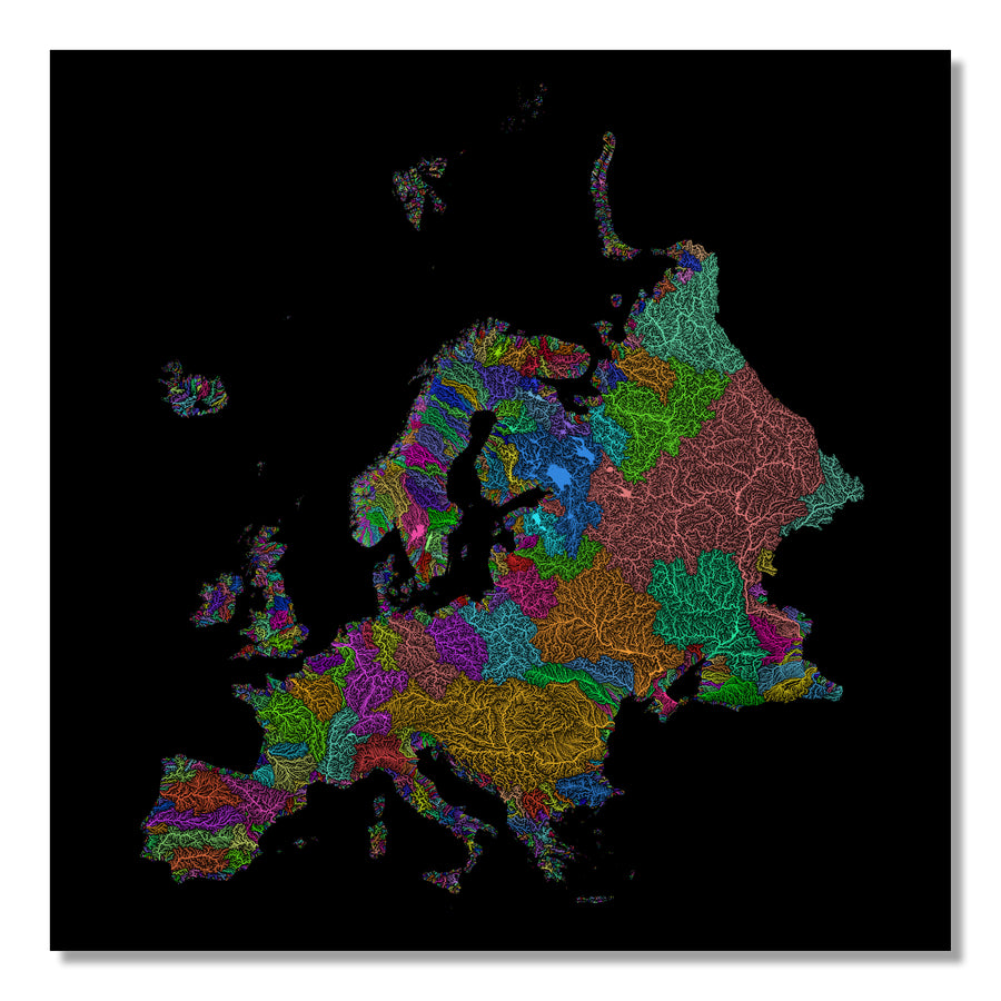 Europe - River basin map, rainbow colours - Wall Art by Grasshopper Geography. Image of a high-resolution map created by geographer Robert Szucs, available as wall art and for licensing.