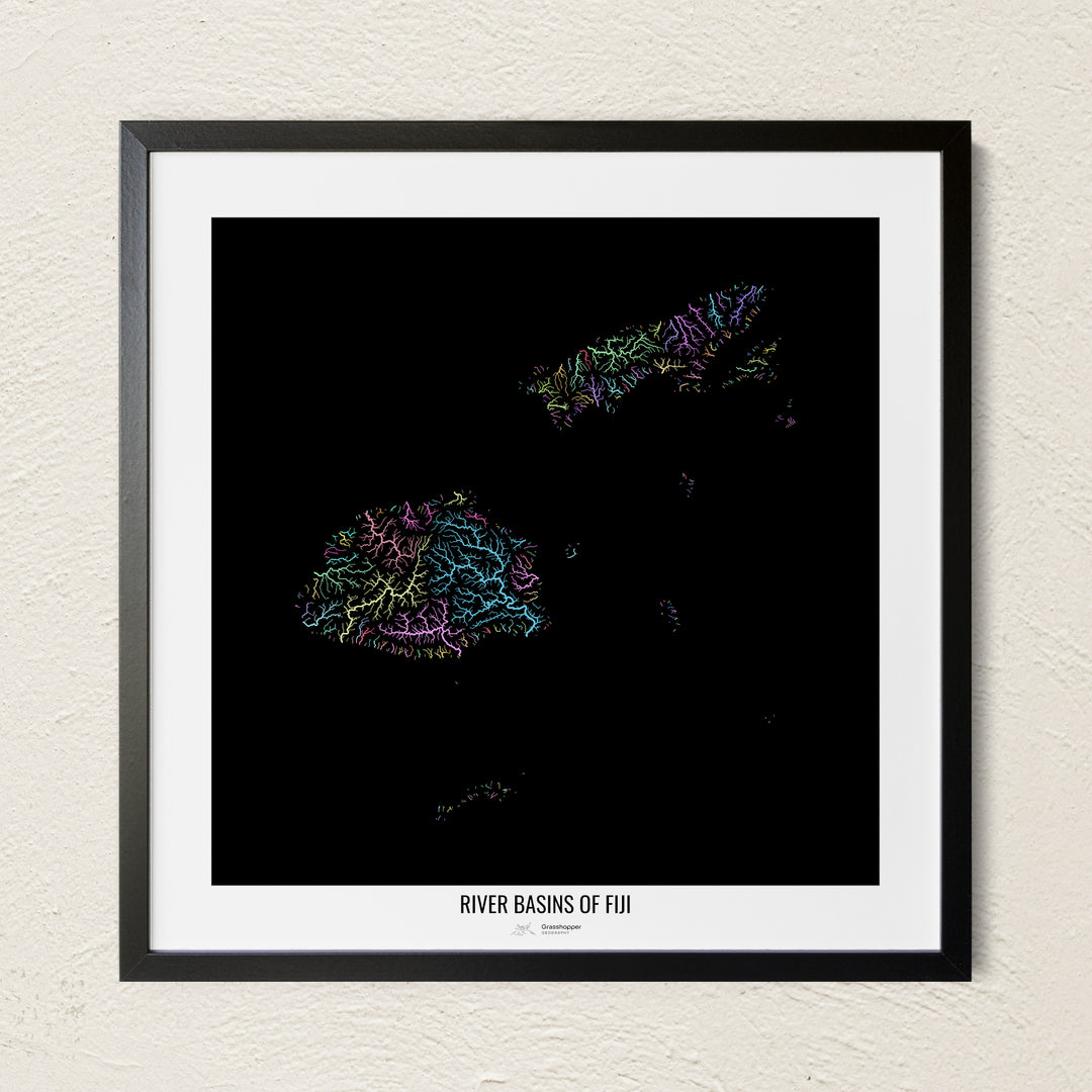 A colorful Grasshopper Geography river map on a light wall. The premium fine art poster is in a black frame with a white border. The name of the country, continent or region is printed under the image.
