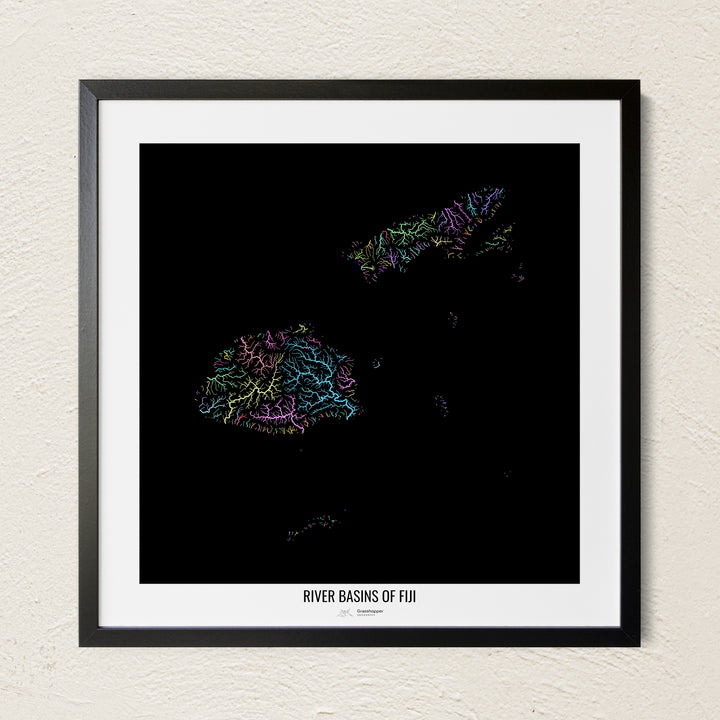 A colorful Grasshopper Geography river map on a light wall. The premium fine art poster is in a black frame with a white border. The name of the country, continent or region is printed under the image.