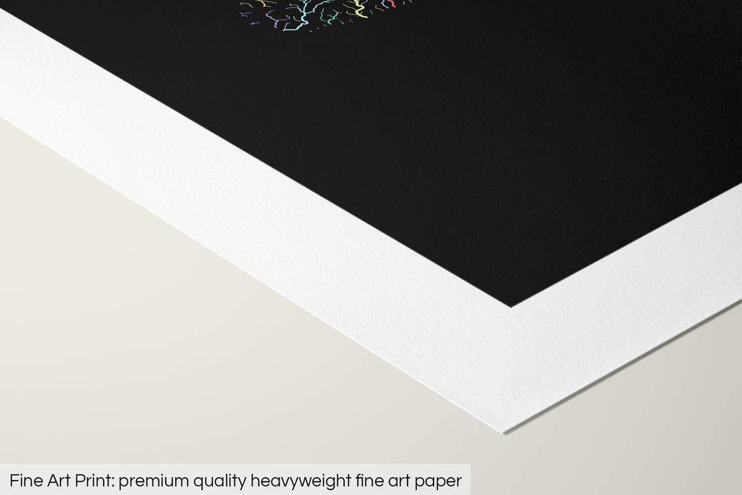 Closeup of a fine art print's corner lying on a flat surface, the details of a Grasshopper Geography map is visible. The text at the bottom reads: Fine art print - premium quality heavyweight fine art paper.