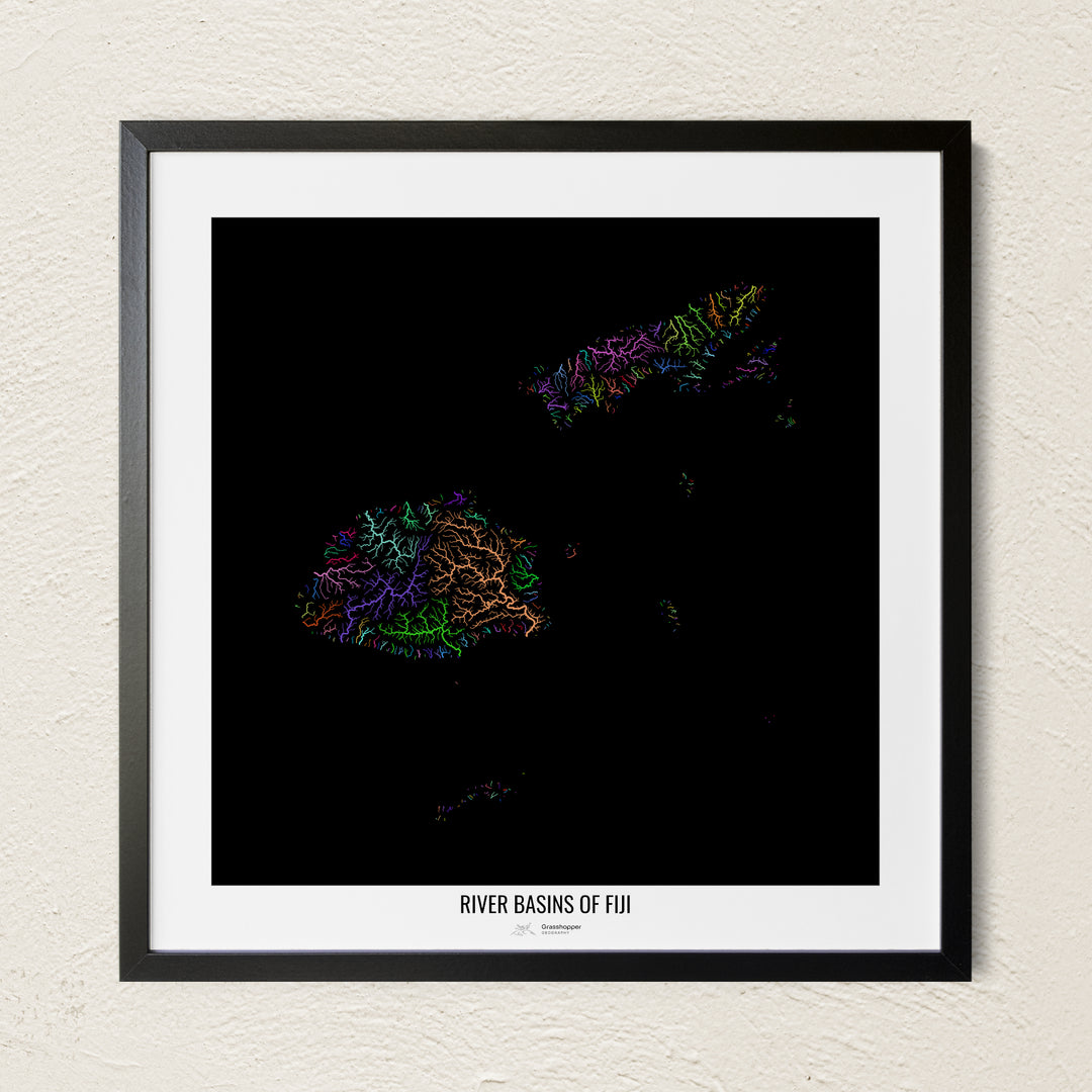 A colorful Grasshopper Geography river map on a light wall. The premium fine art poster is in a black frame with a white border. The name of the country, continent or region is printed under the image.