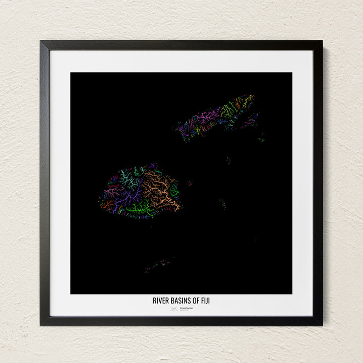 A colorful Grasshopper Geography river map on a light wall. The premium fine art poster is in a black frame with a white border. The name of the country, continent or region is printed under the image.