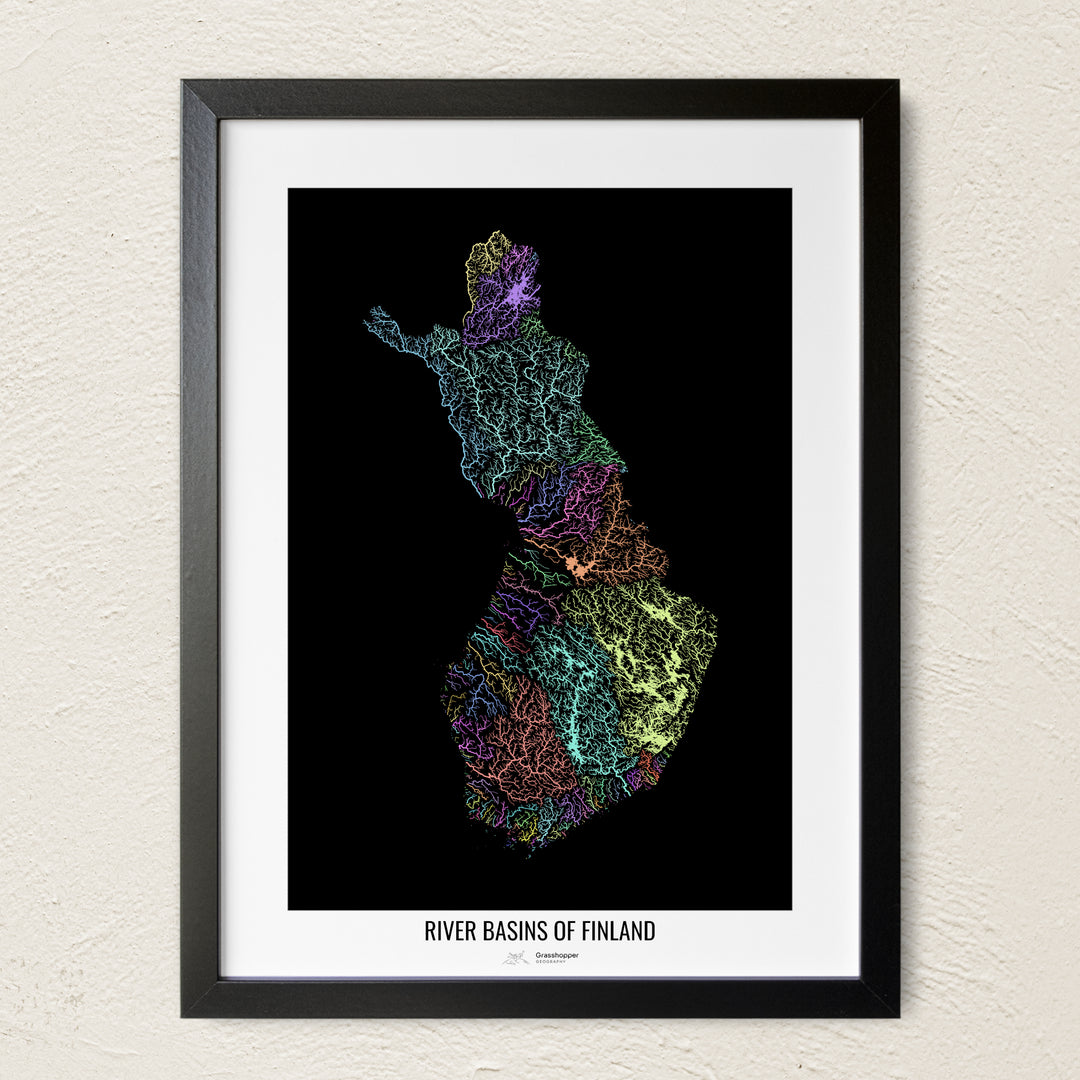 A colorful Grasshopper Geography river map on a light wall. The premium fine art poster is in a black frame with a white border. The name of the country, continent or region is printed under the image.