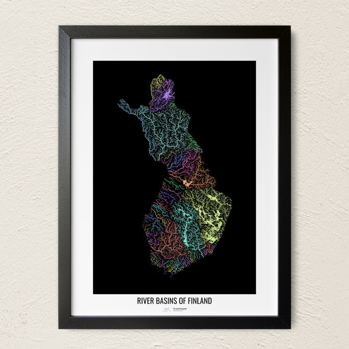 A colorful Grasshopper Geography river map on a light wall. The premium fine art poster is in a black frame with a white border. The name of the country, continent or region is printed under the image.