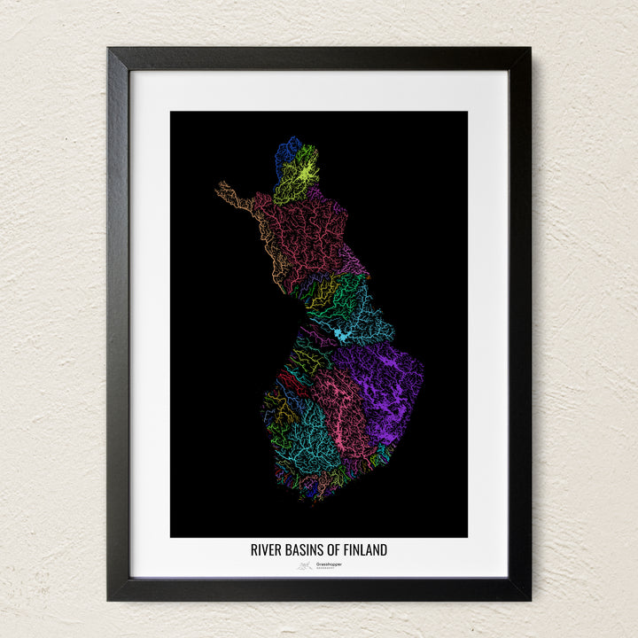 A colorful Grasshopper Geography river map on a light wall. The premium fine art poster is in a black frame with a white border. The name of the country, continent or region is printed under the image.