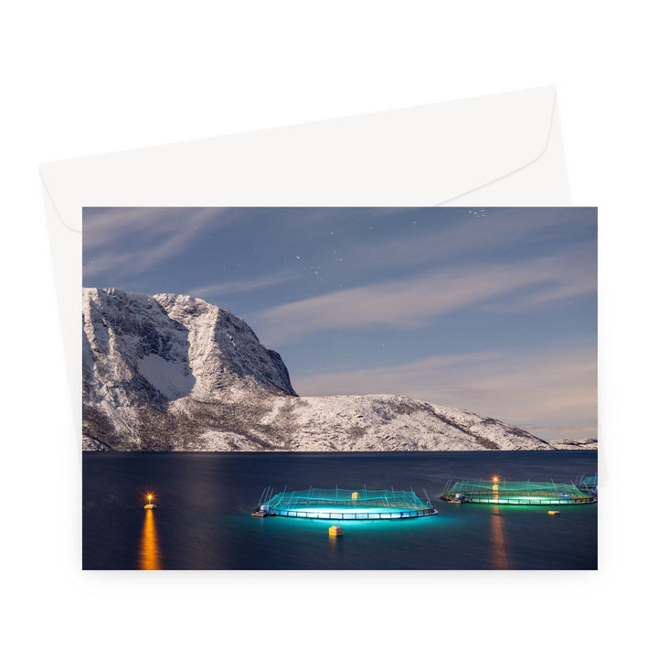 Enclos à poissons à travers Lundøya sous une pleine lune - Carte de vœux