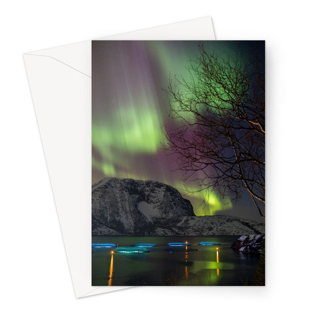 Fish pens across Lundøya with aurora II - Greeting Card