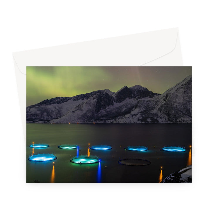 Fish pens across Lundøya with aurora IV - Greeting Card