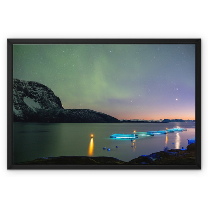 Fish pens across Lundøya with aurora V - Framed Canvas