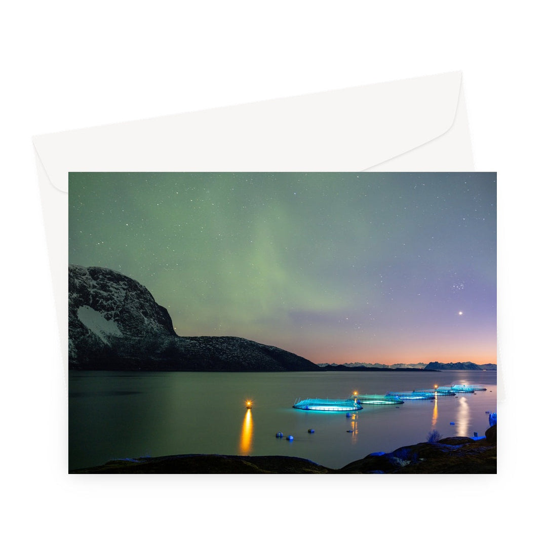 Fish pens across Lundøya with aurora V - Greeting Card