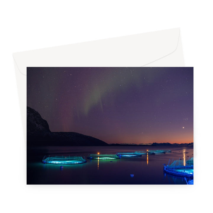 Fish pens across Lundøya with aurora VI - Greeting Card