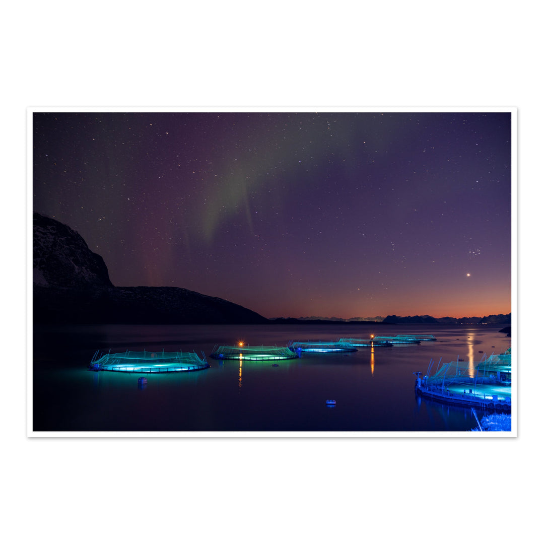 Fish pens across Lundøya with aurora VI - Hahnemühle Photo Rag Print