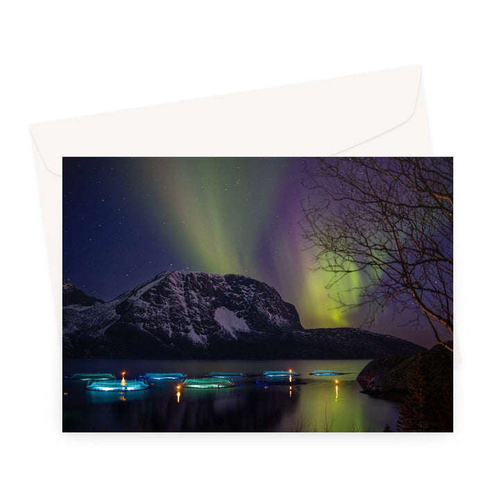 Fish pens across Lundøya with aurora VII - Greeting Card