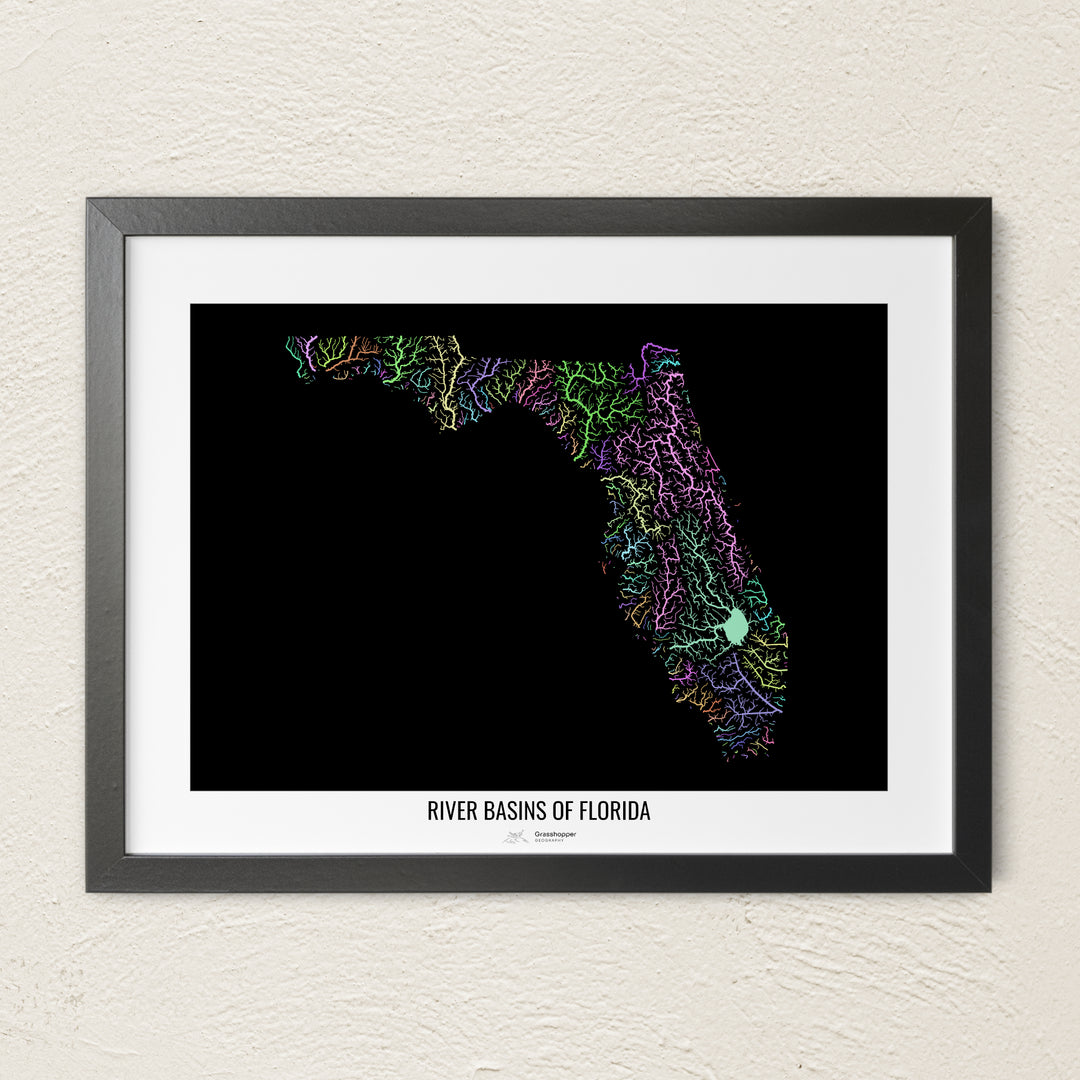 A colorful Grasshopper Geography river map on a light wall. The premium fine art poster is in a black frame with a white border. The name of the country, continent or region is printed under the image.