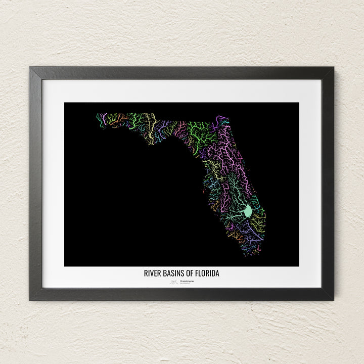A colorful Grasshopper Geography river map on a light wall. The premium fine art poster is in a black frame with a white border. The name of the country, continent or region is printed under the image.