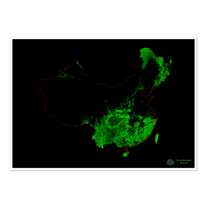 Chine et Taïwan - Carte du couvert forestier - Tirage d'art