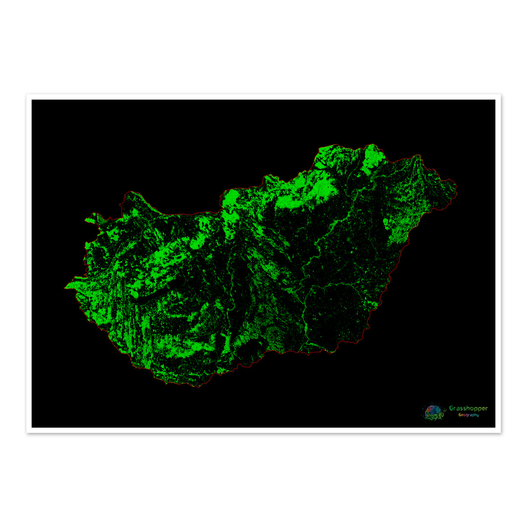 Hungría - Mapa de cobertura forestal - Impresión de bellas artes