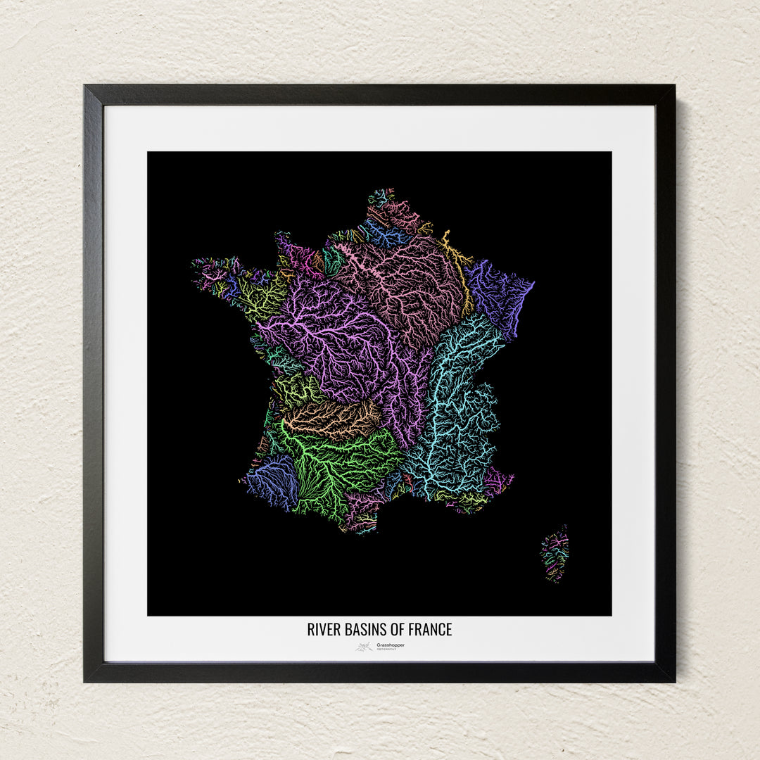 A colorful Grasshopper Geography river map on a light wall. The premium fine art poster is in a black frame with a white border. The name of the country, continent or region is printed under the image.