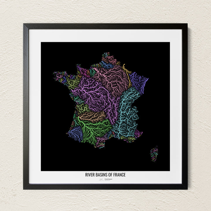 A colorful Grasshopper Geography river map on a light wall. The premium fine art poster is in a black frame with a white border. The name of the country, continent or region is printed under the image.
