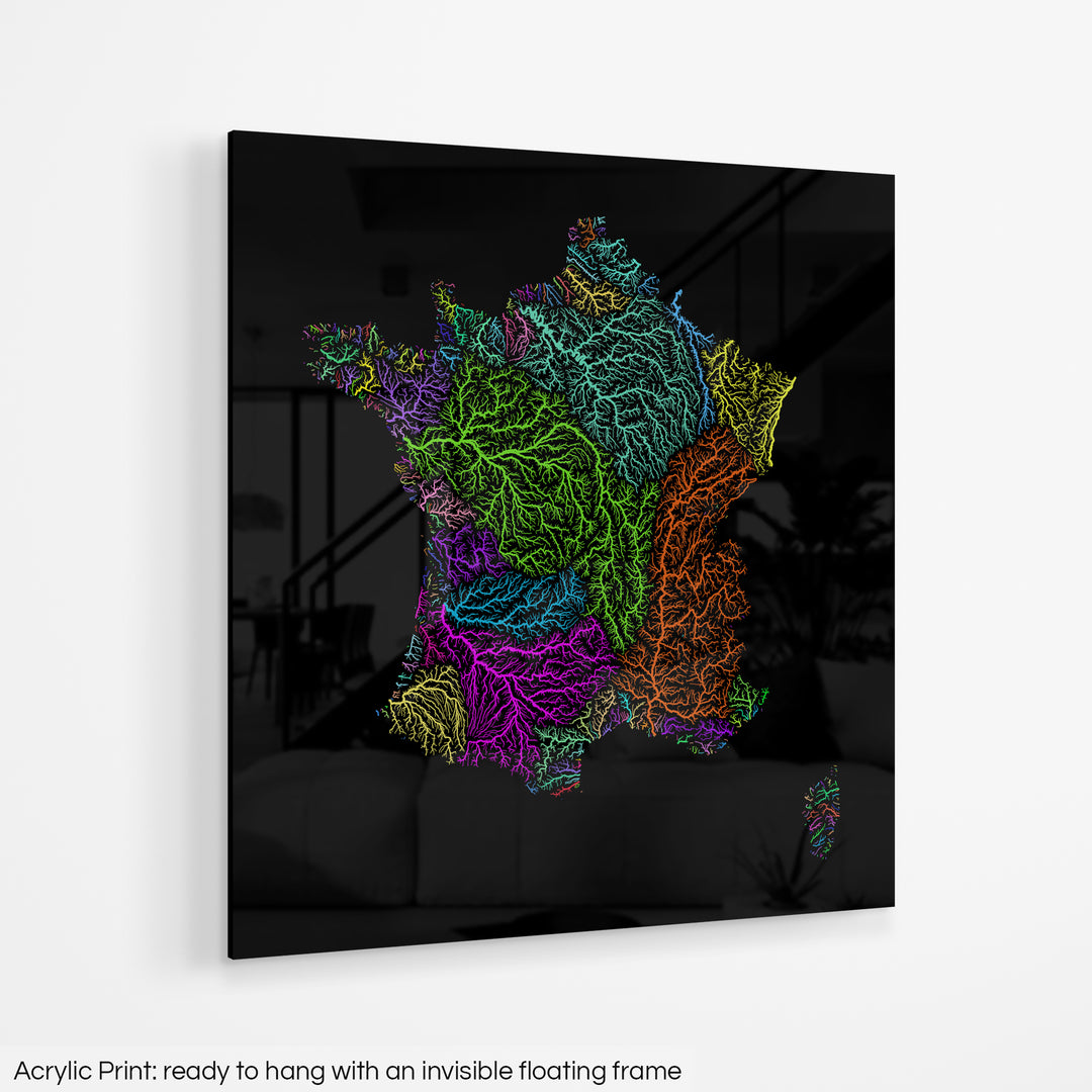 A colourful Grasshopper Geography map hanging on a white wall. The text at the bottom reads: Acrylic print - ready to hang with an invisible floating frame.