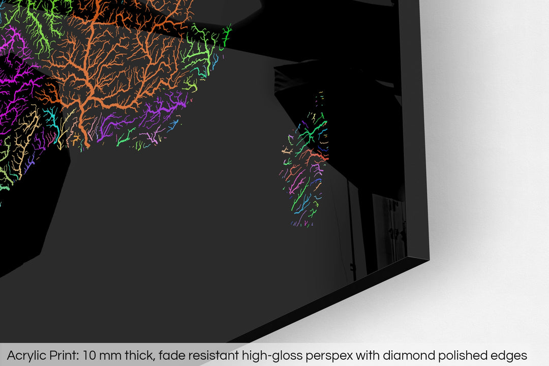 Closeup of an acrylic panel's corner, the details of a Grasshopper Geography map is visible. The text at the bottom reads: Acrylic print - 10 mm thick, fade reistant high-gloss perspex with diamond polished edges.