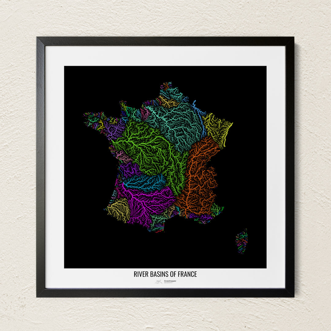 A colorful Grasshopper Geography river map on a light wall. The premium fine art poster is in a black frame with a white border. The name of the country, continent or region is printed under the image.