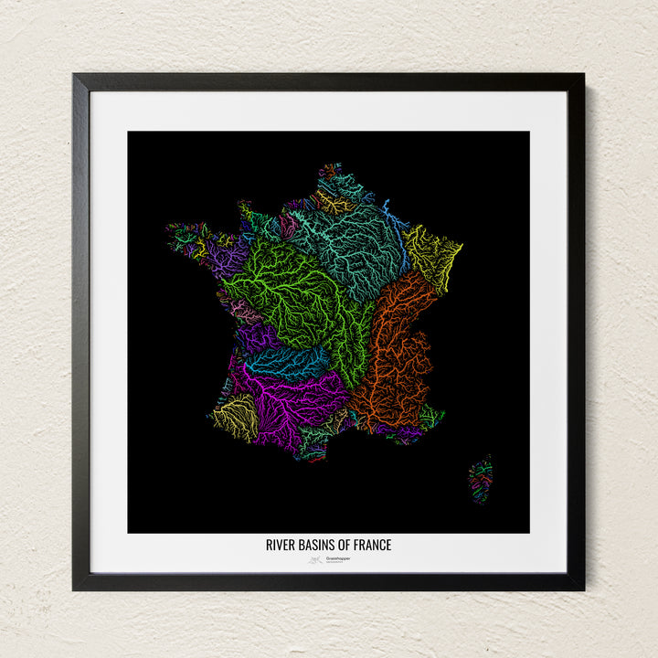 A colorful Grasshopper Geography river map on a light wall. The premium fine art poster is in a black frame with a white border. The name of the country, continent or region is printed under the image.