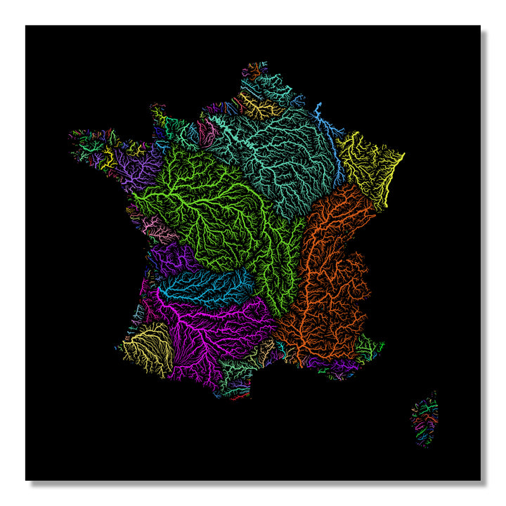 France - River basin map, rainbow colours - Wall Art by Grasshopper Geography. Image of a high-resolution map created by geographer Robert Szucs, available as wall art and for licensing.