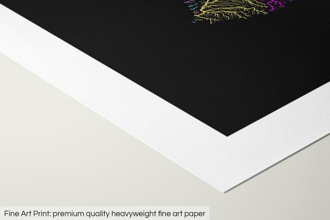 Closeup of a fine art print's corner lying on a flat surface, the details of a Grasshopper Geography map is visible. The text at the bottom reads: Fine art print - premium quality heavyweight fine art paper.