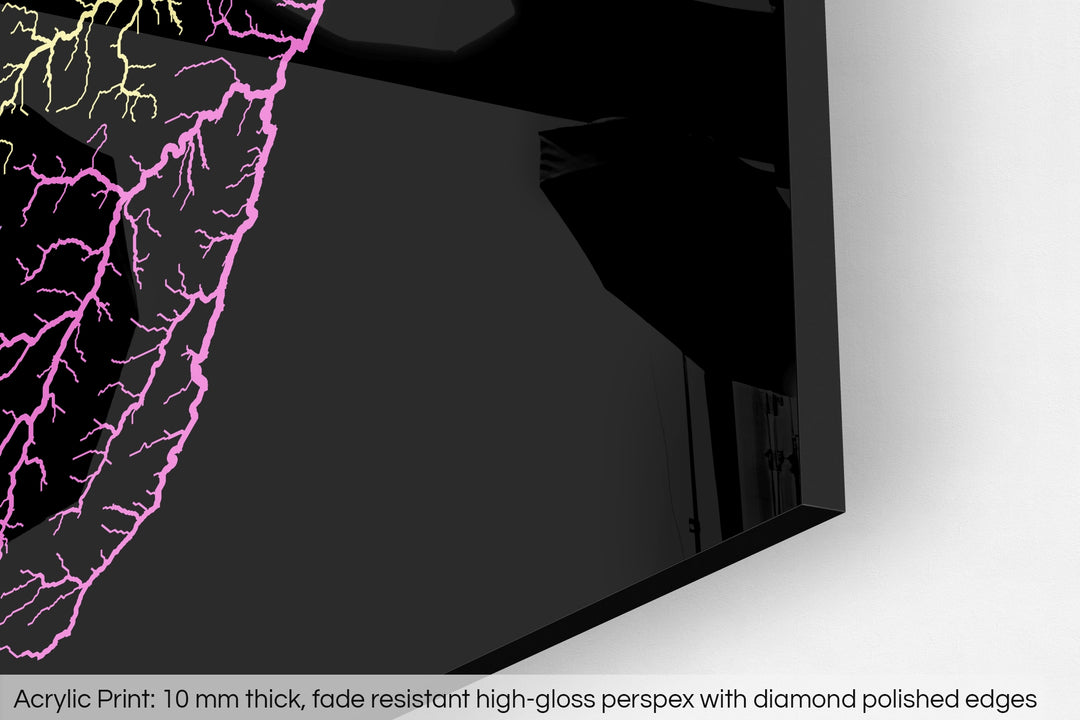 Closeup of an acrylic panel's corner, the details of a Grasshopper Geography map is visible. The text at the bottom reads: Acrylic print - 10 mm thick, fade reistant high-gloss perspex with diamond polished edges.