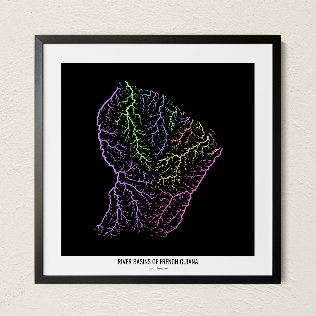 A colorful Grasshopper Geography river map on a light wall. The premium fine art poster is in a black frame with a white border. The name of the country, continent or region is printed under the image.