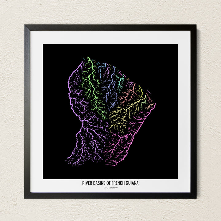 A colorful Grasshopper Geography river map on a light wall. The premium fine art poster is in a black frame with a white border. The name of the country, continent or region is printed under the image.