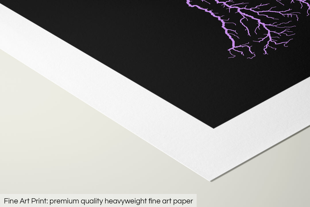 Closeup of a fine art print's corner lying on a flat surface, the details of a Grasshopper Geography map is visible. The text at the bottom reads: Fine art print - premium quality heavyweight fine art paper.