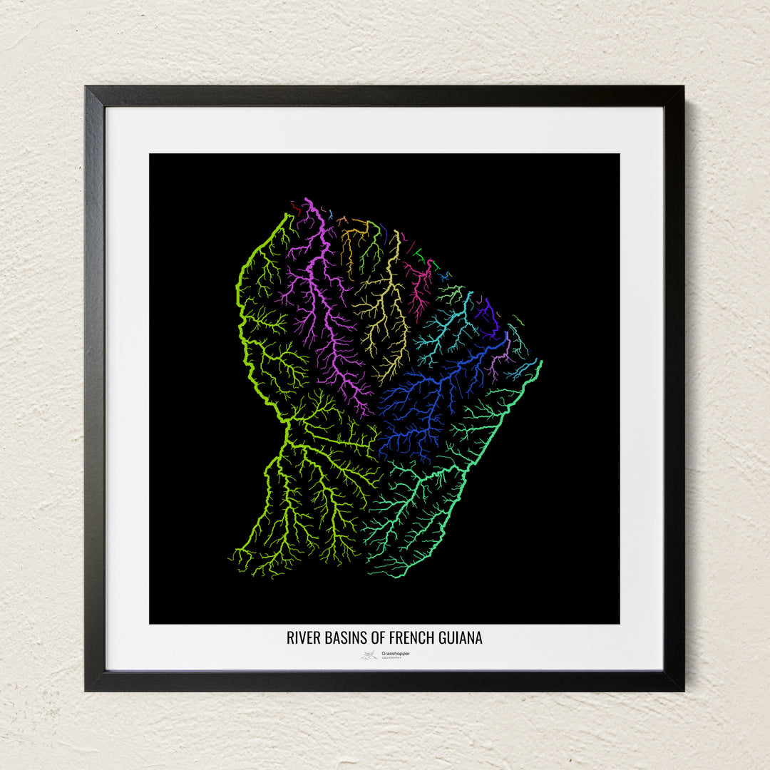 A colorful Grasshopper Geography river map on a light wall. The premium fine art poster is in a black frame with a white border. The name of the country, continent or region is printed under the image.