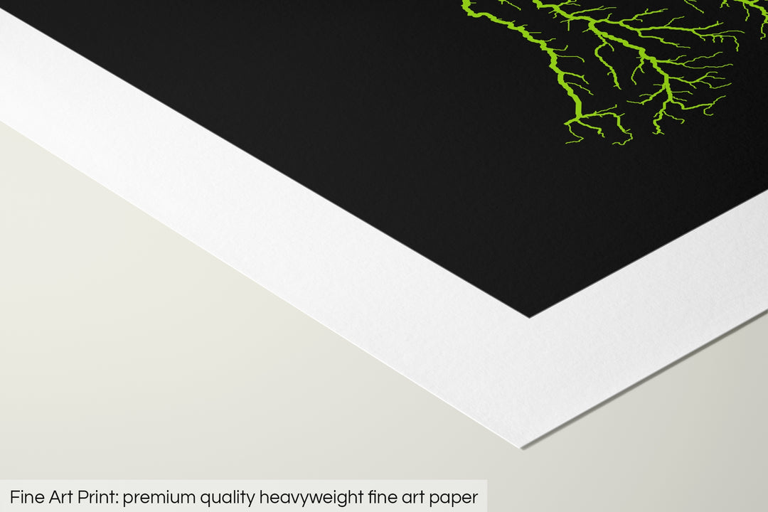 Closeup of a fine art print's corner lying on a flat surface, the details of a Grasshopper Geography map is visible. The text at the bottom reads: Fine art print - premium quality heavyweight fine art paper.