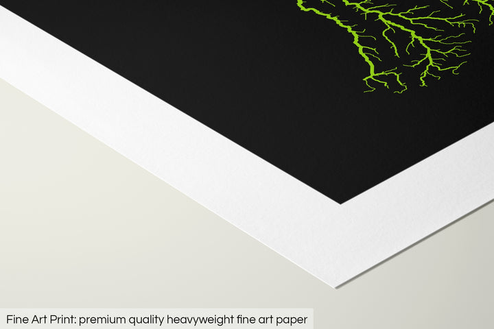 Closeup of a fine art print's corner lying on a flat surface, the details of a Grasshopper Geography map is visible. The text at the bottom reads: Fine art print - premium quality heavyweight fine art paper.