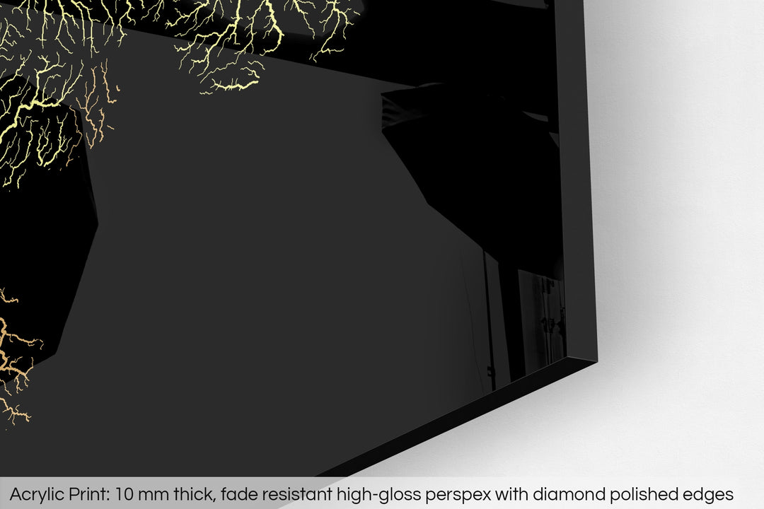 Closeup of an acrylic panel's corner, the details of a Grasshopper Geography map is visible. The text at the bottom reads: Acrylic print - 10 mm thick, fade reistant high-gloss perspex with diamond polished edges.