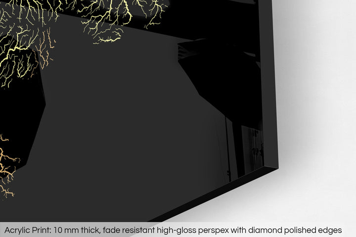 Closeup of an acrylic panel's corner, the details of a Grasshopper Geography map is visible. The text at the bottom reads: Acrylic print - 10 mm thick, fade reistant high-gloss perspex with diamond polished edges.