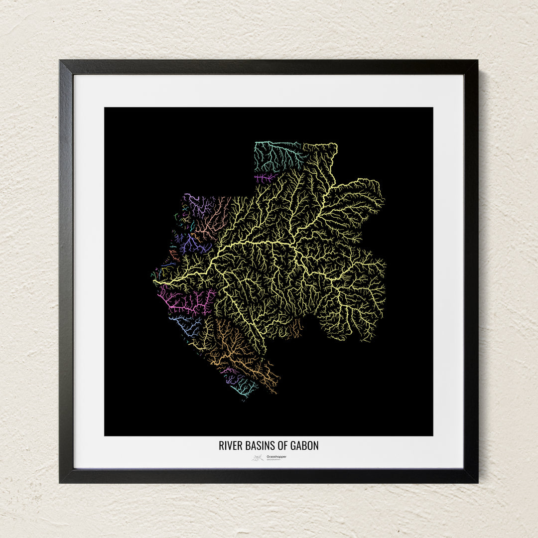 A colorful Grasshopper Geography river map on a light wall. The premium fine art poster is in a black frame with a white border. The name of the country, continent or region is printed under the image.
