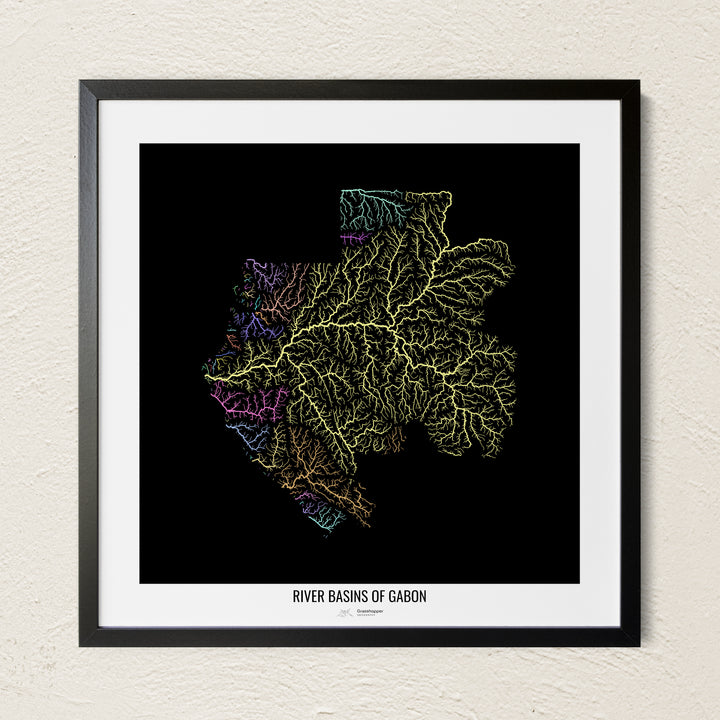 A colorful Grasshopper Geography river map on a light wall. The premium fine art poster is in a black frame with a white border. The name of the country, continent or region is printed under the image.
