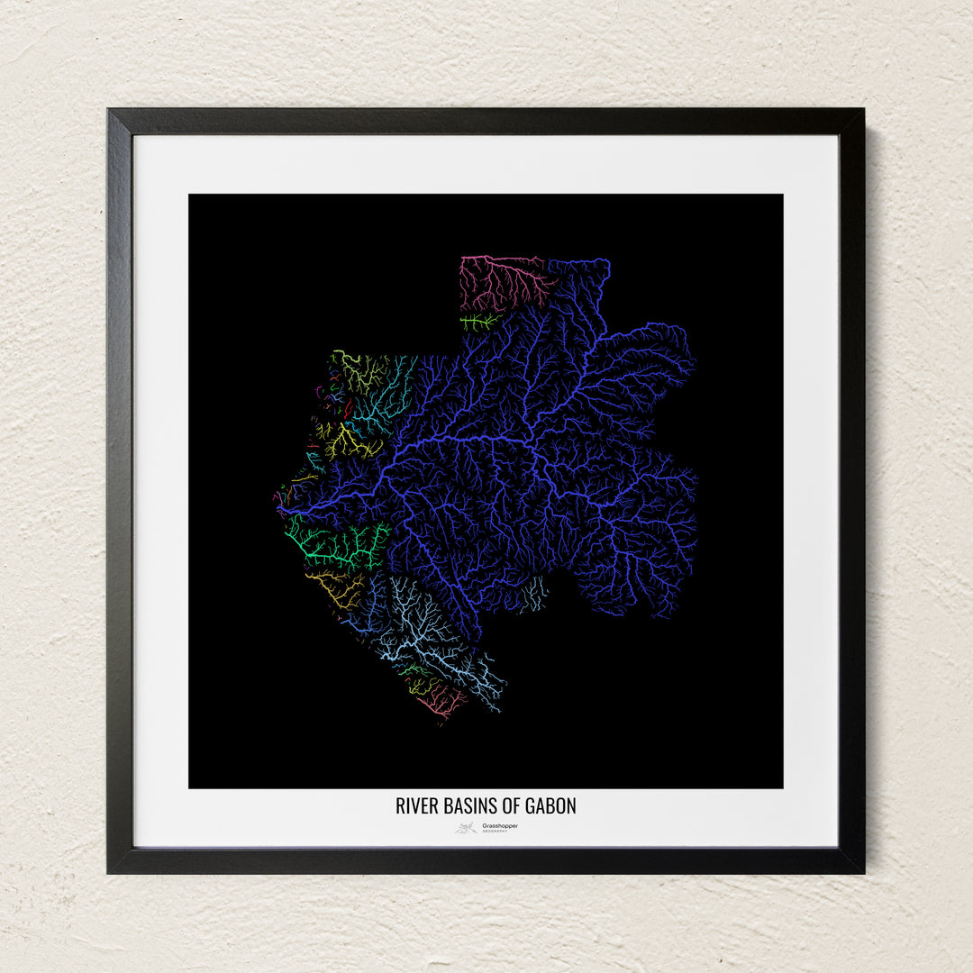 A colorful Grasshopper Geography river map on a light wall. The premium fine art poster is in a black frame with a white border. The name of the country, continent or region is printed under the image.