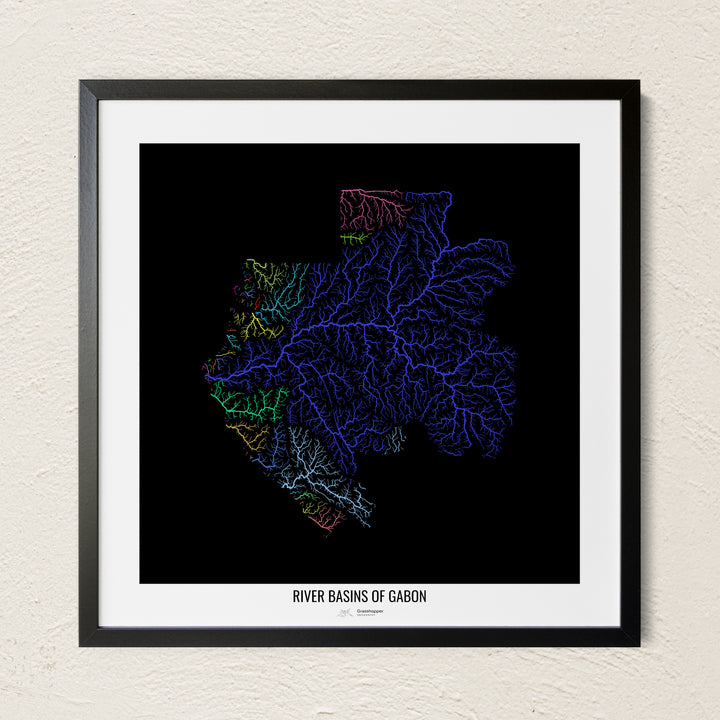 A colorful Grasshopper Geography river map on a light wall. The premium fine art poster is in a black frame with a white border. The name of the country, continent or region is printed under the image.