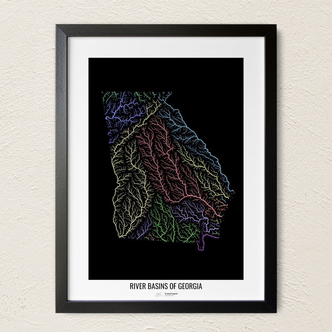 A colorful Grasshopper Geography river map on a light wall. The premium fine art poster is in a black frame with a white border. The name of the country, continent or region is printed under the image.