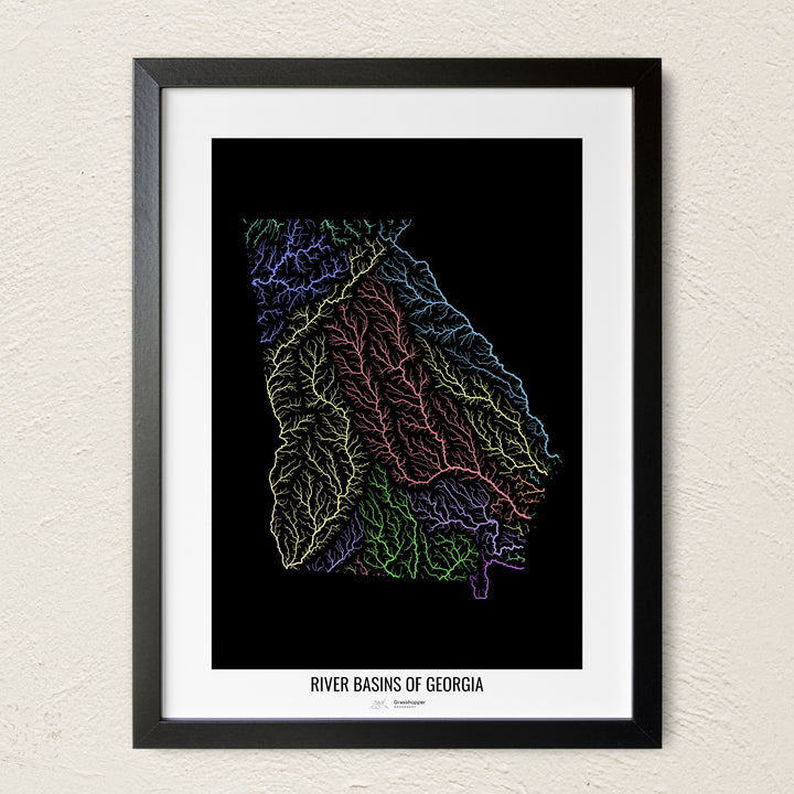 A colorful Grasshopper Geography river map on a light wall. The premium fine art poster is in a black frame with a white border. The name of the country, continent or region is printed under the image.