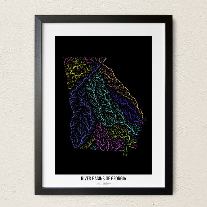 A colorful Grasshopper Geography river map on a light wall. The premium fine art poster is in a black frame with a white border. The name of the country, continent or region is printed under the image.