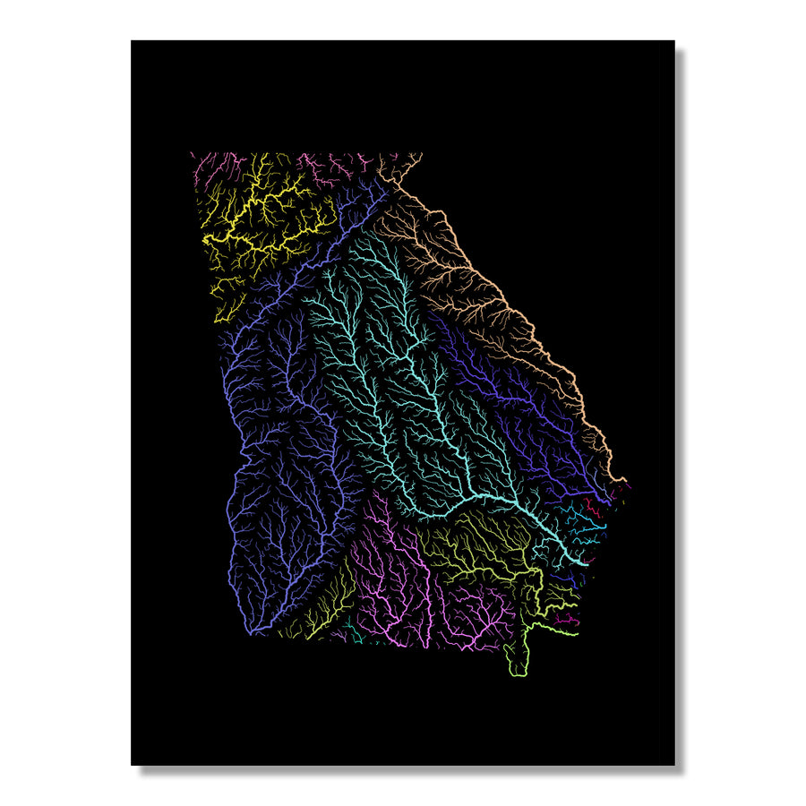 Georgia - River basin map, rainbow colours - Wall Art by Grasshopper Geography. Image of a high-resolution map created by geographer Robert Szucs, available as wall art and for licensing.
